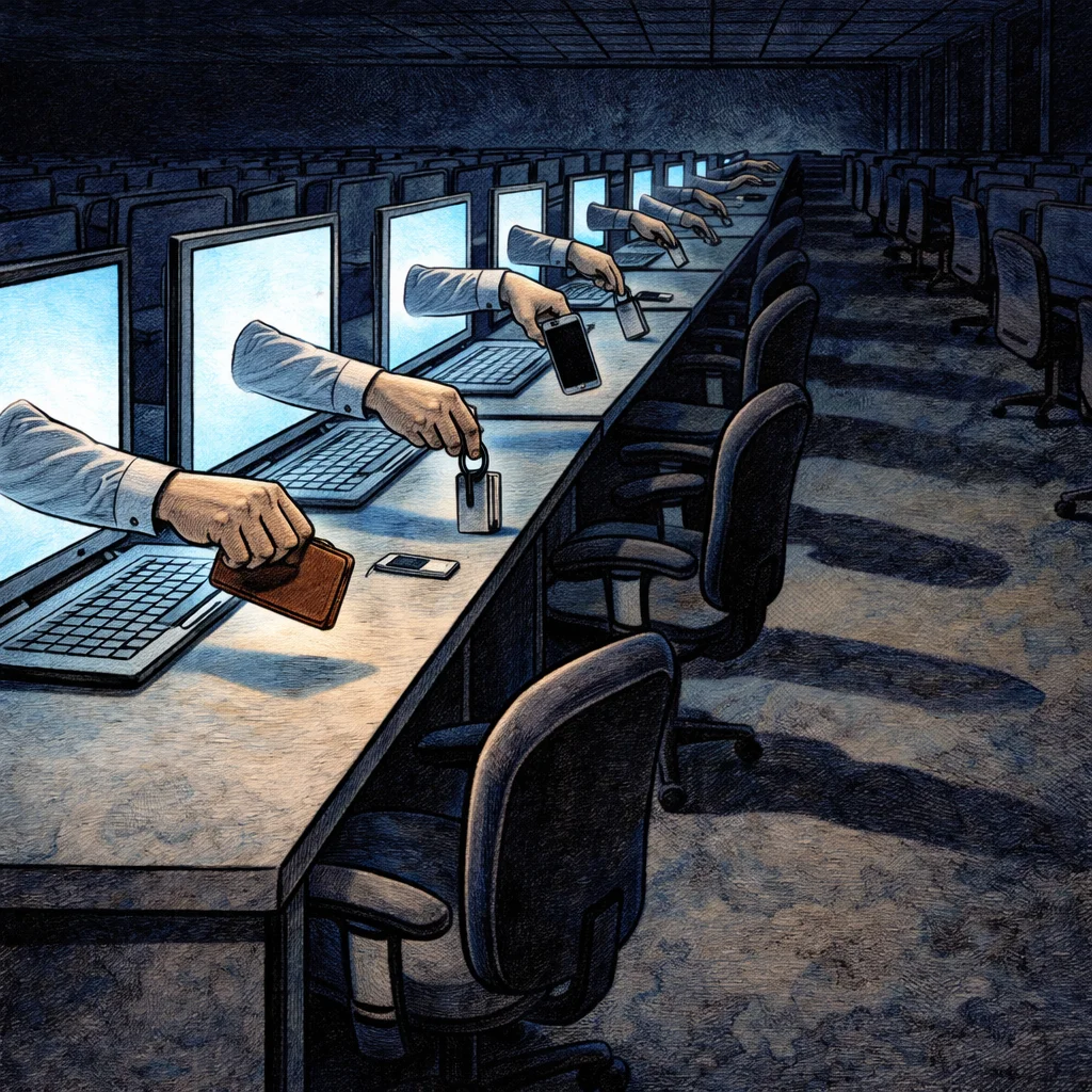 An empty office at night where a disembodied hand reaches out of every glowing monitor to steal an item from the desk in front of it