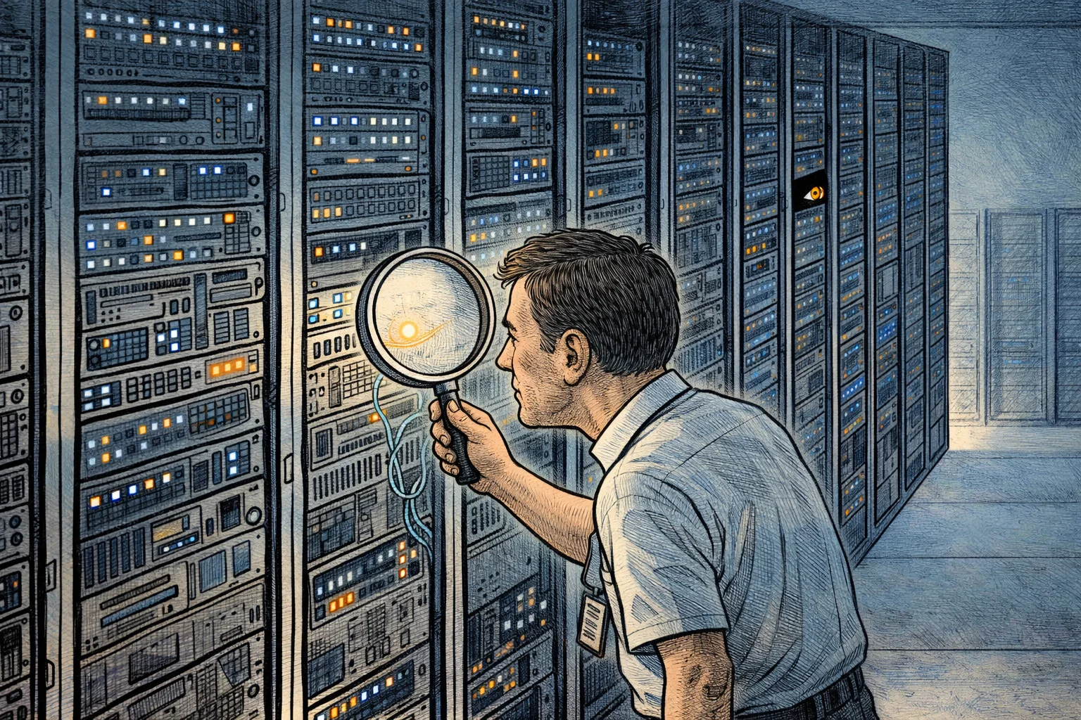 Engineer intently scrutinising one blinking light on a wall of servers, while unseen eyes watch from a cabinet behind him