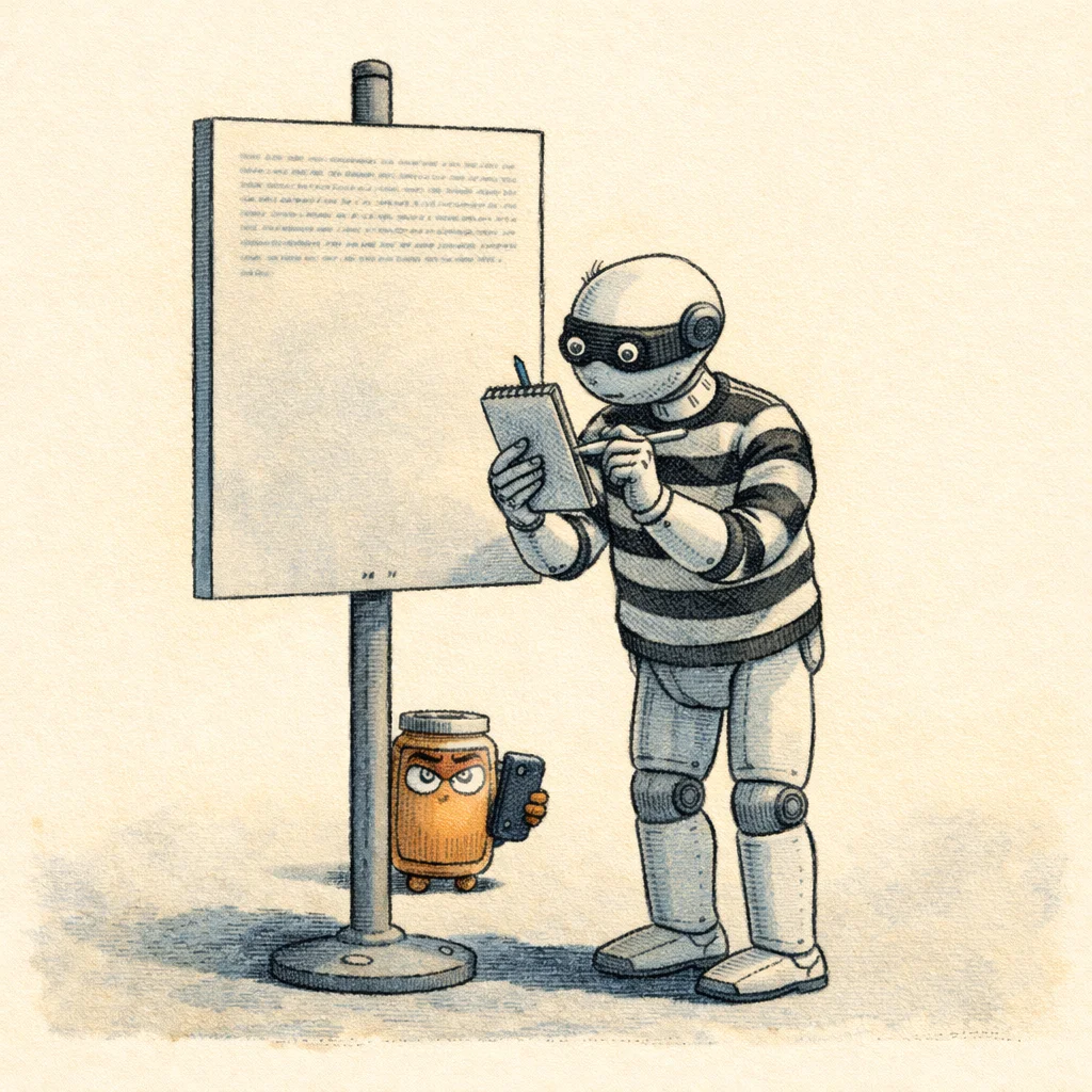 A polite robot intruder reading a blank sign intently while a small honey jar with eyes films the scene from behind the signpost