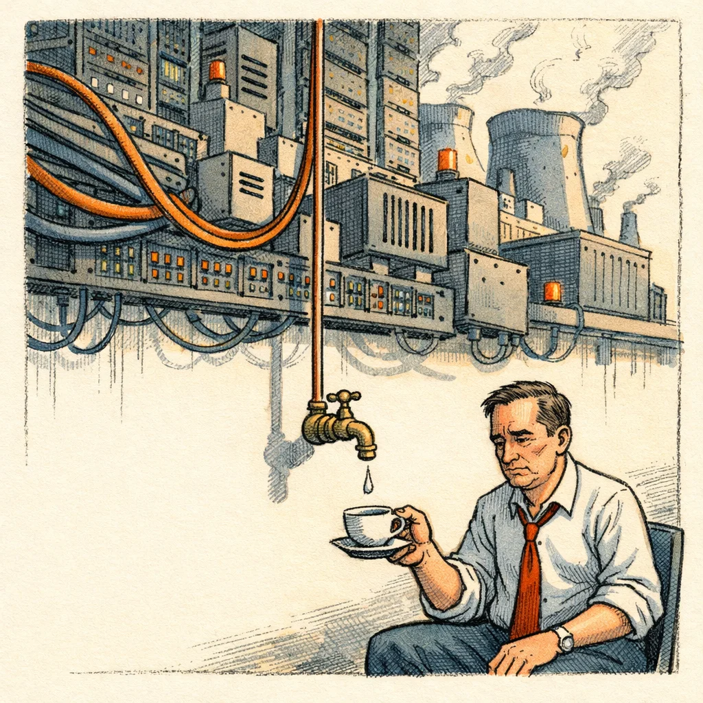 A monstrous data centre piped through a reducing network down to a single garden tap dripping into a teacup held by a bored executive
