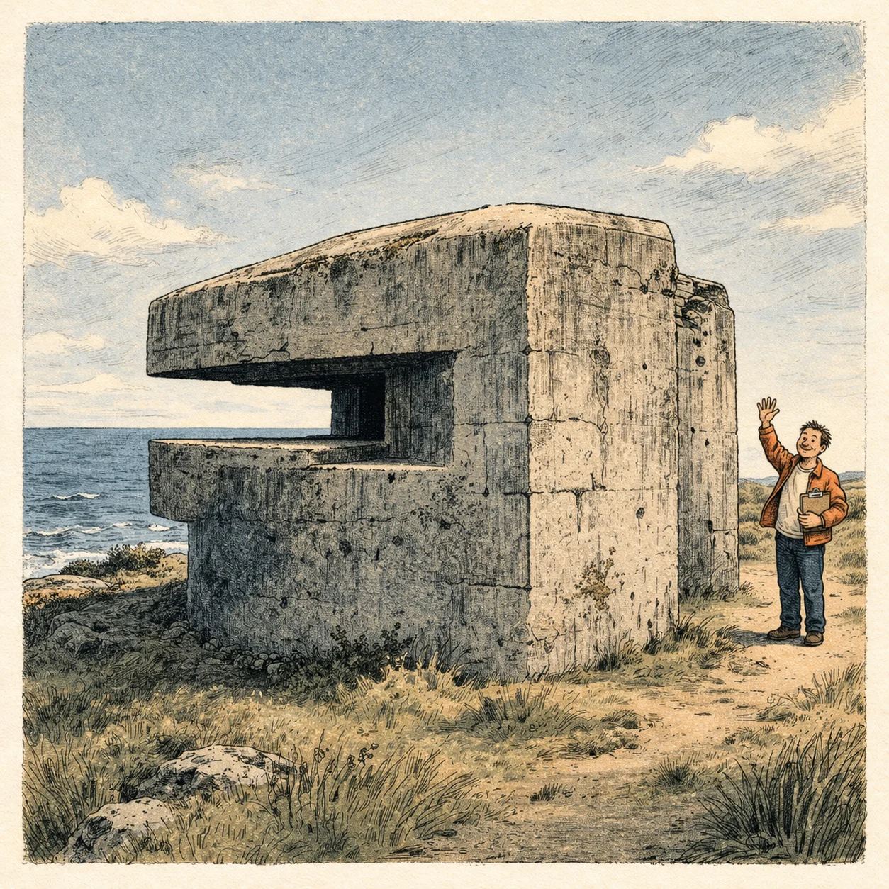 A coastal bunker with its gun-slit pointed firmly out to sea, while a small figure waves cheerfully from the dry land directly behind it